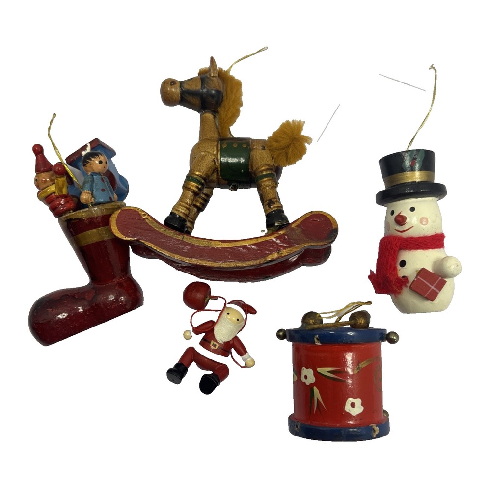 Lot Of 5 Very Old Vtg Wood Stocking Drum Santa Snowman Horse Christmas Ornaments